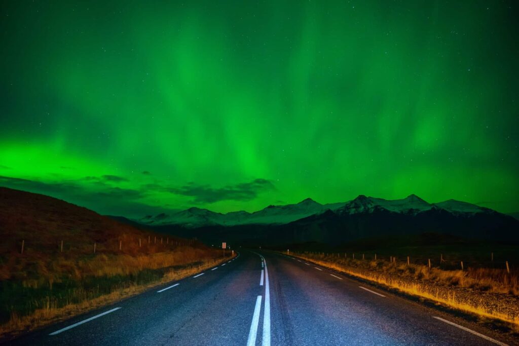 northern light driving in iceland
